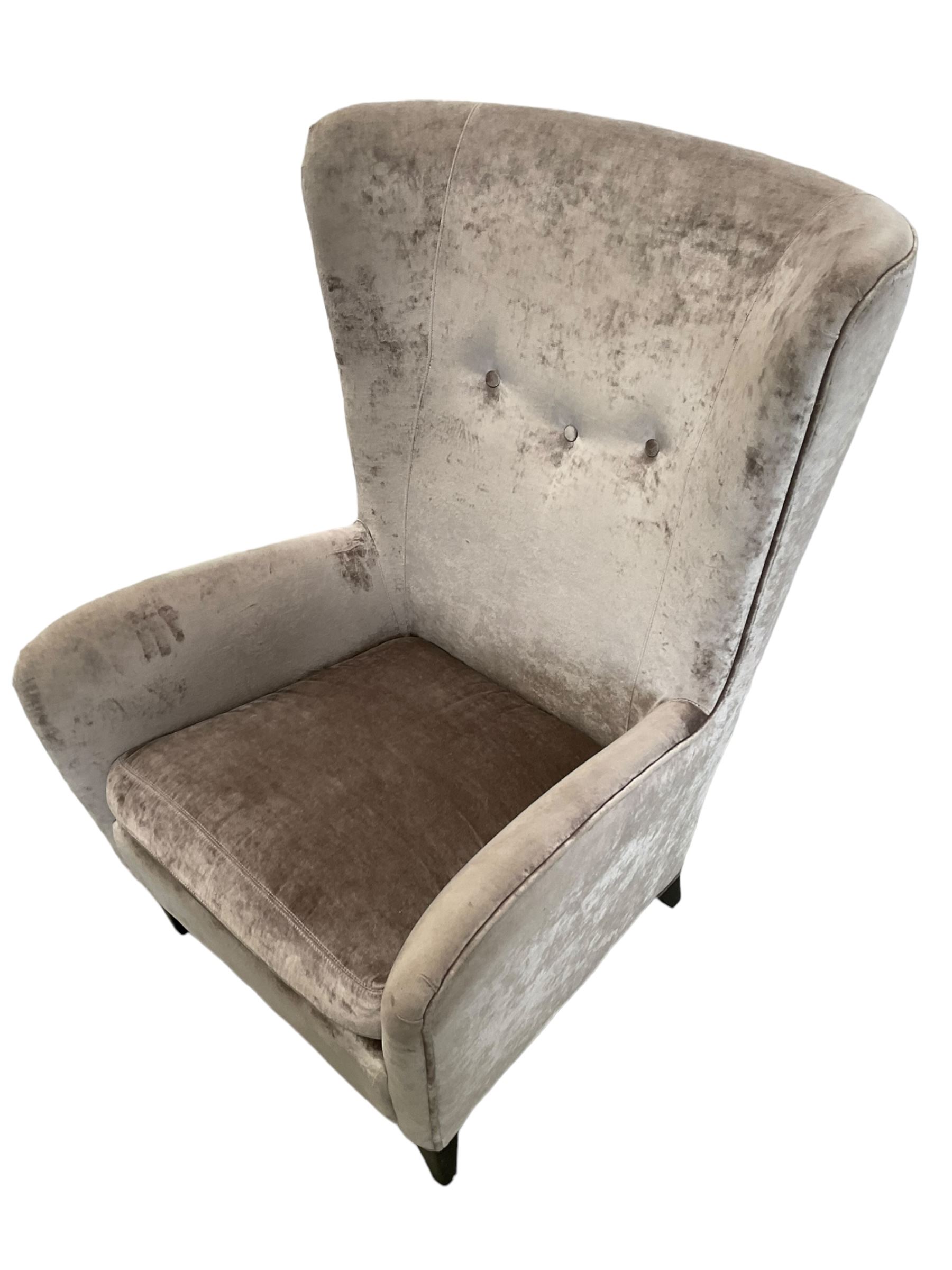 2 x Wing back armchair upholstered in silver crushed velvet fabric