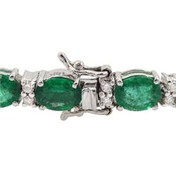 18ct white gold oval cut emerald and round brilliant cut diamond bracelet, stamped, total emerald weight 7.50 carat, diamond weight 0.46 carat