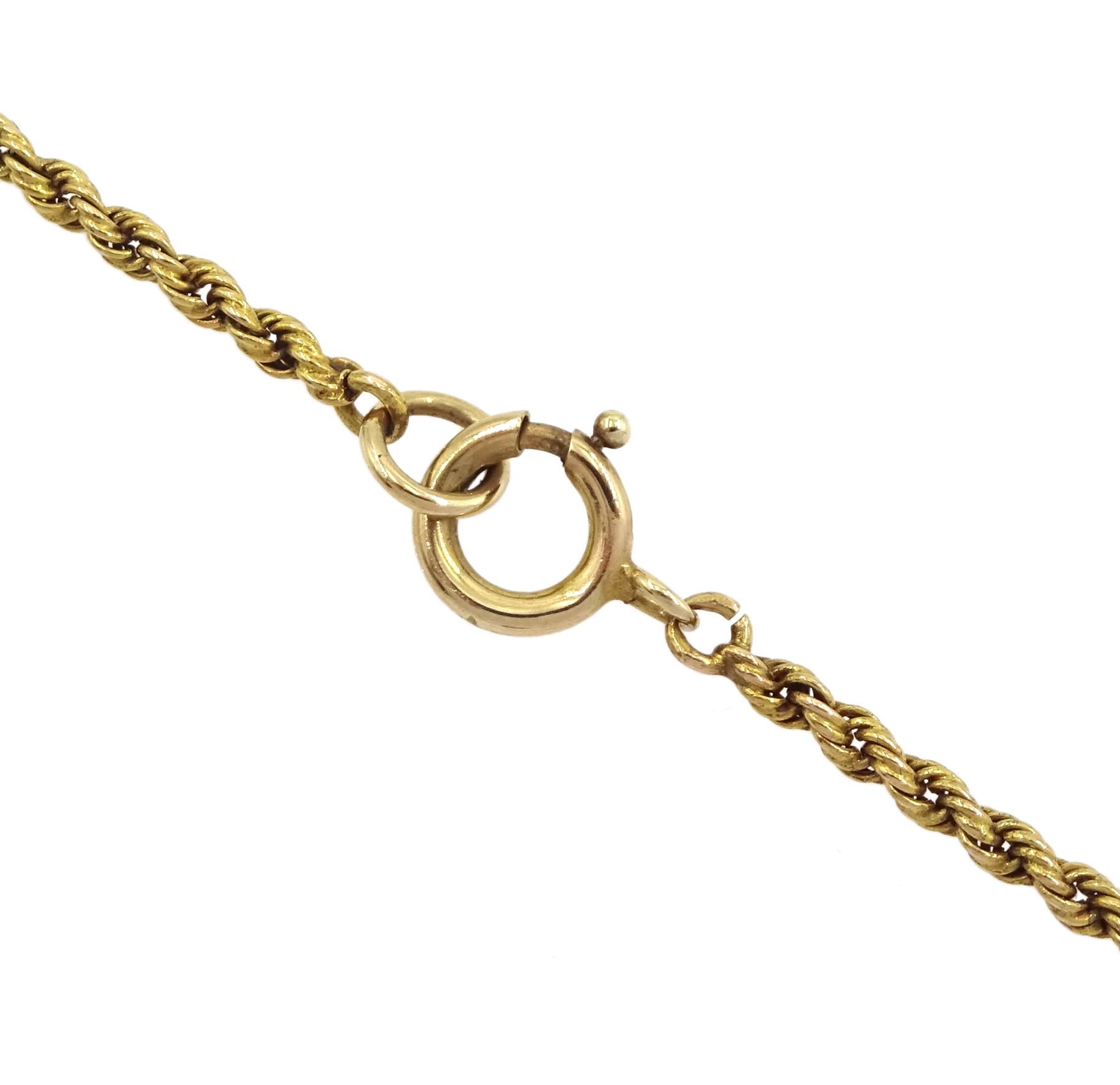 Edwardian 9ct gold seed pearl pendant, stamped 9ct, on 18ct gold rope twist link necklace