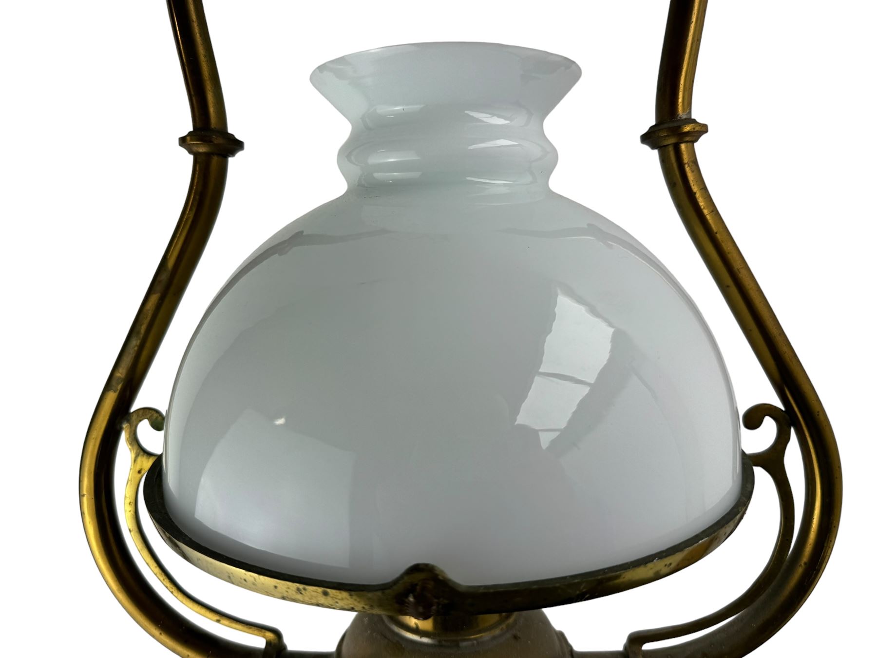 Set three brass framed light fittings, one with white glass shade, converted to electricity, H64cm