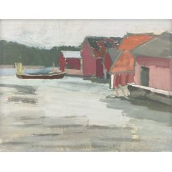 K Knapp (German 20th Century): Boatsheds, oil on board signed 25cm x 32cm 