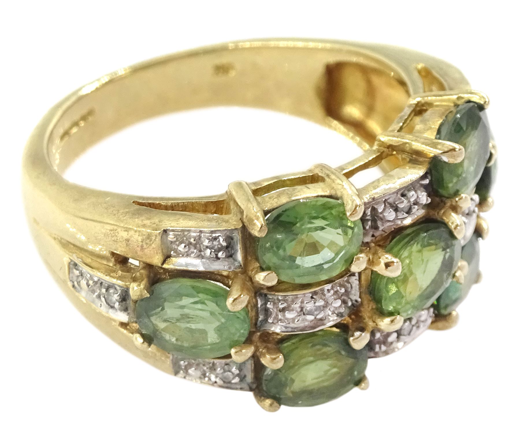 9ct gold three row oval cut green sapphire and diamond ring, hallmarked