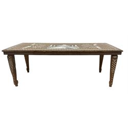 20th century Indian inlaid hardwood coffee table, rectangular top decorated with simulated ivory inlays depicting the Taj Mahal and elephants