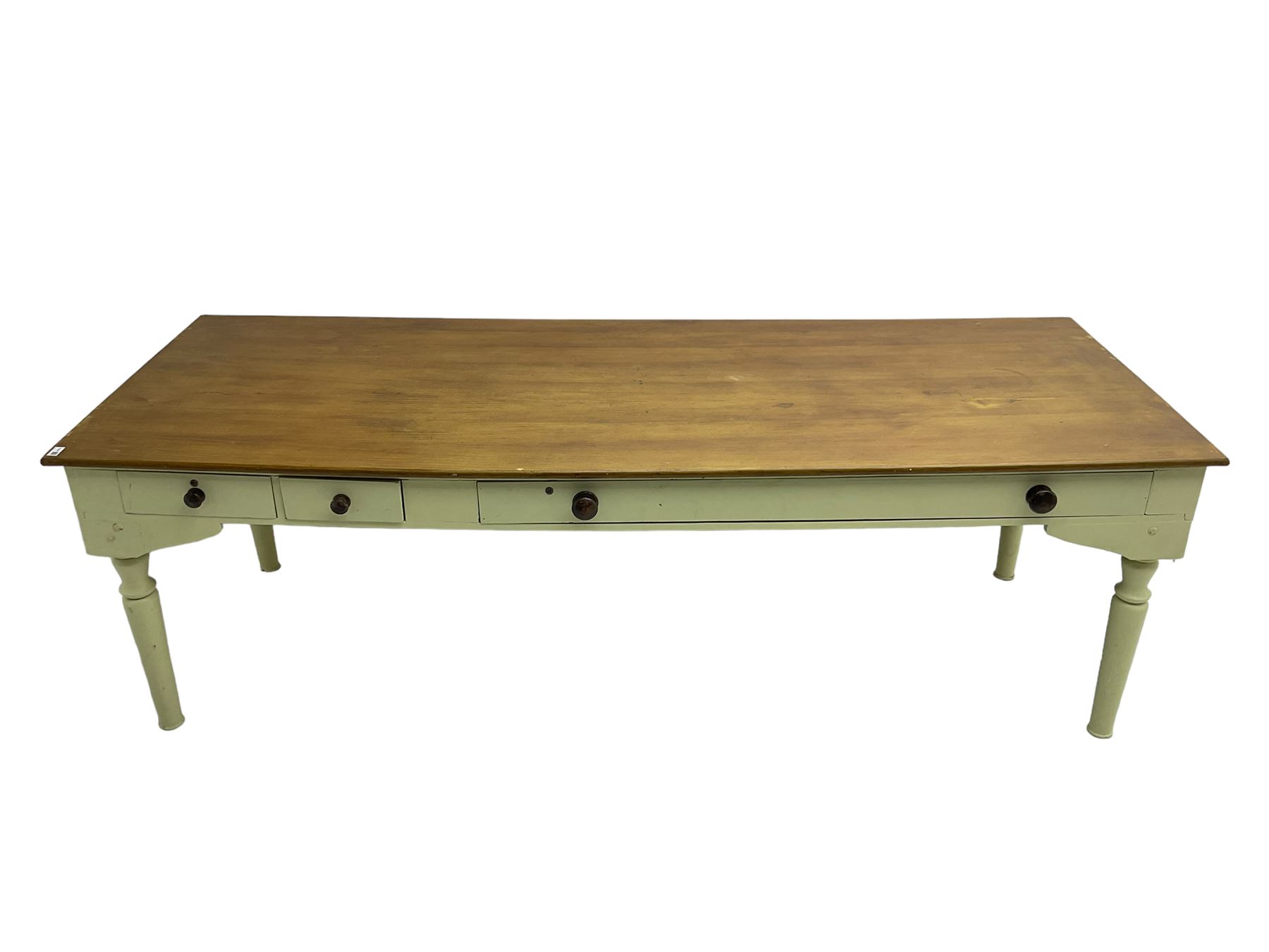 Large 20th century farmhouse style dining table, rectangular oak top on pale green painted base fitted with drawers, on turned supports