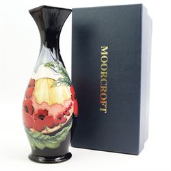 Moorcroft vase, of slender baluster form with square section neck decorated in the Forever England pattern by Vicky Lovatt, dated 2013, H22cm, boxed