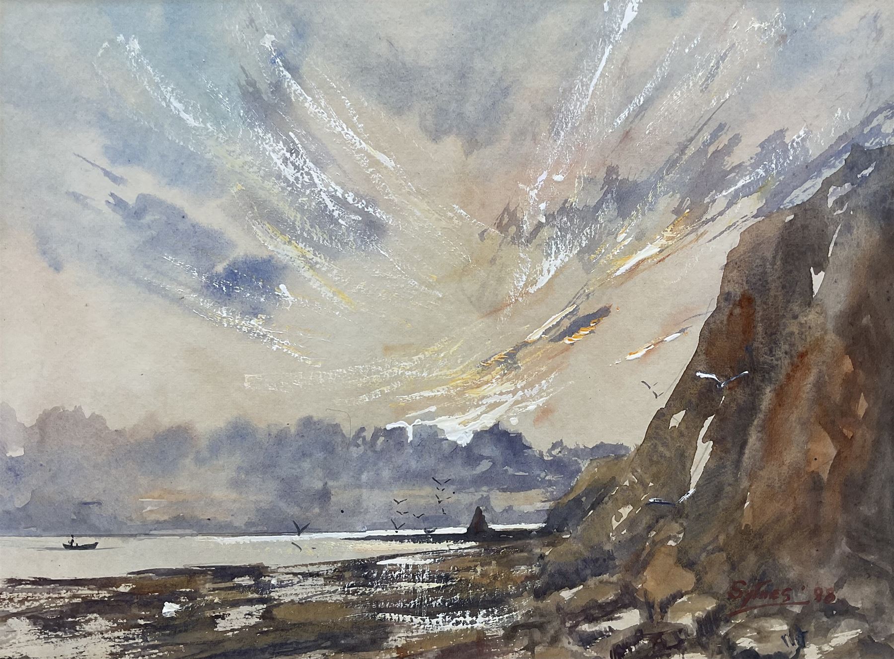 Desmond 'Des' G Sythes (British 1929-2008): 'Sunrise over Black Nab - Saltwick Bay Whitby' , watercolour and gouache signed and dated '88, labelled verso 21cm x 28cm