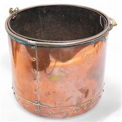 19th century riveted copper and brass mounted coal bucket, the central panel depicting a coat of arms H29cm 