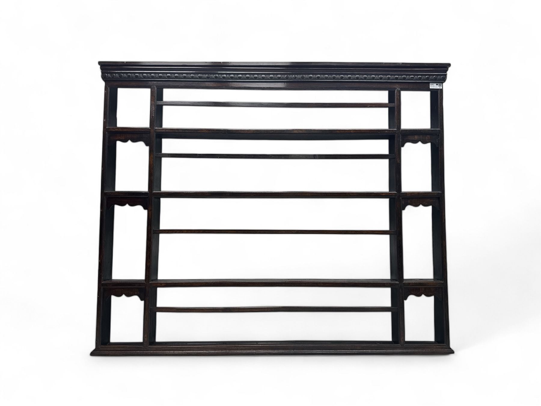 19th century oak delph rack, moulded cornice over four shelves 