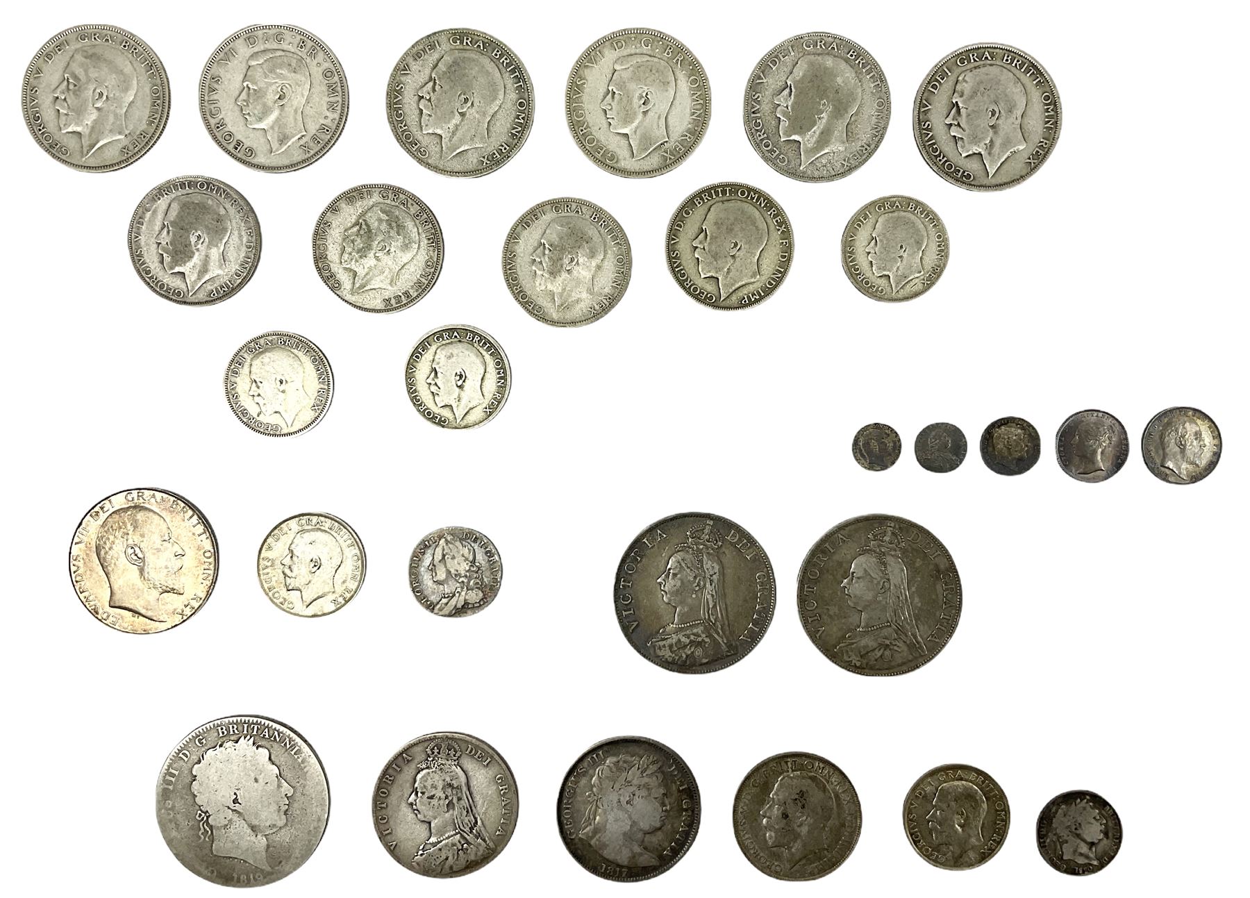 Approximately 140 grams of Great British pre 1920 silver coins including George II 1757 sixpence, King George III 1817 half crown, 1819 crown, two Queen Victoria 1889 double florins, King Edward VII 1909 half crown, various maundy oddments etc and approximately 140 grams of pre 1947 silver coins