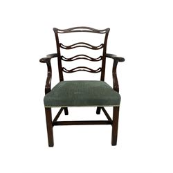 Set of twelve (10+2) Chippendale revival stained beech dining chairs, pierced waived ladder backs with over-stuffed over seats, on square moulded supports joined by stretchers