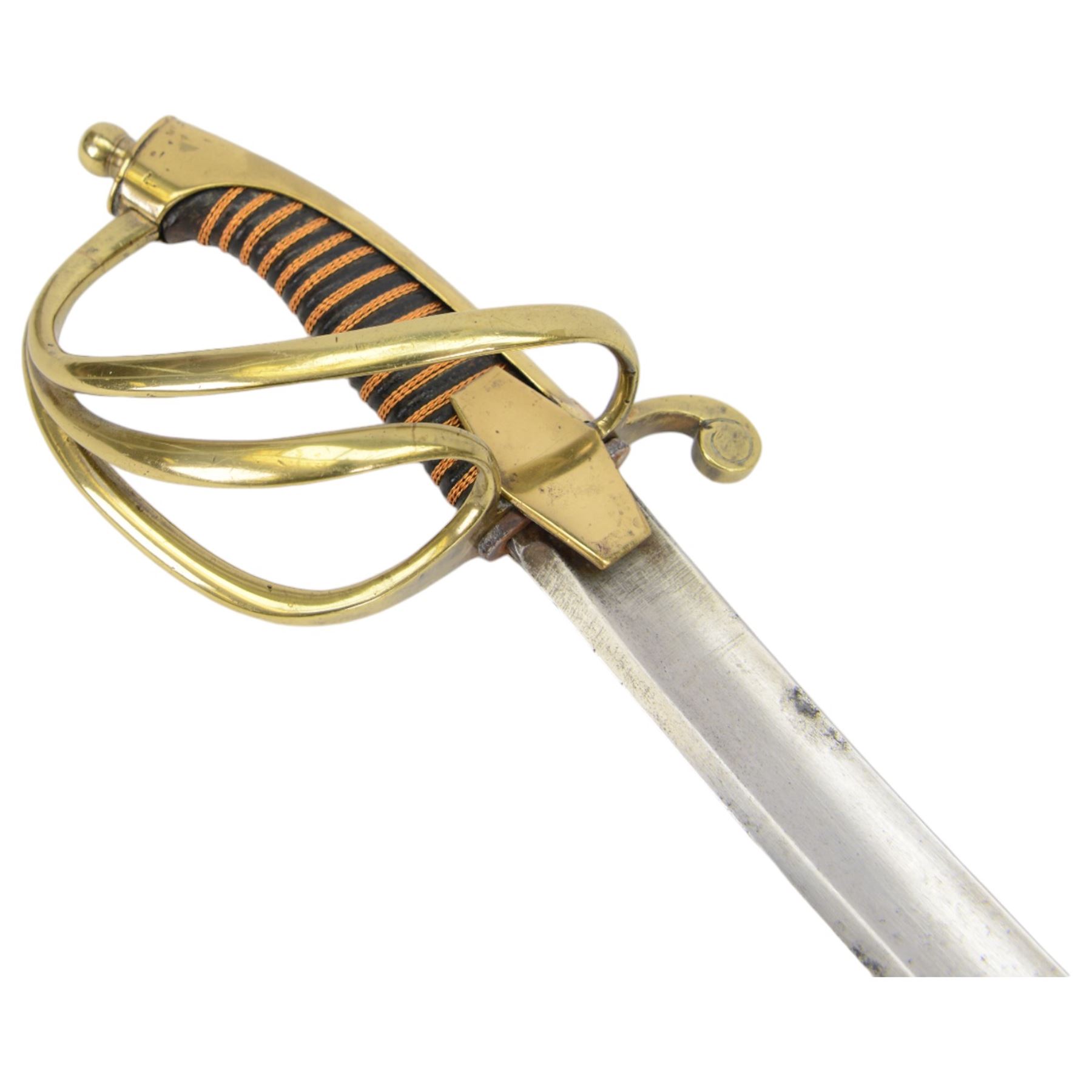 19th century Russian Imperial Navy sword, curving fullered blade, brass three-bar hilt with lozenge shaped langets and wire-bound leather grip; in polished steel scabbard with one suspension ring, L96cm