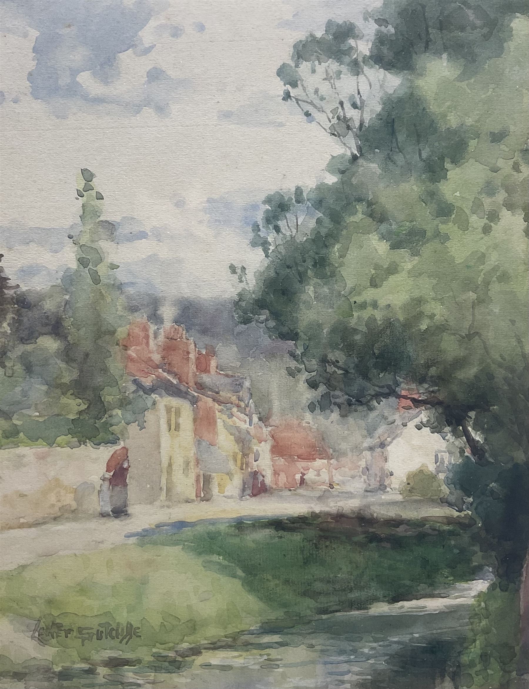 Lester Sutcliffe (British 1848-1933): Figures in a Riverside Village, watercolour signed 26cm x 20cm