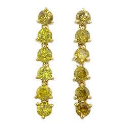 Pair of 10ct yellow diamond pendant stud earrings, stamped, total diamond weight approx 1.15 carat