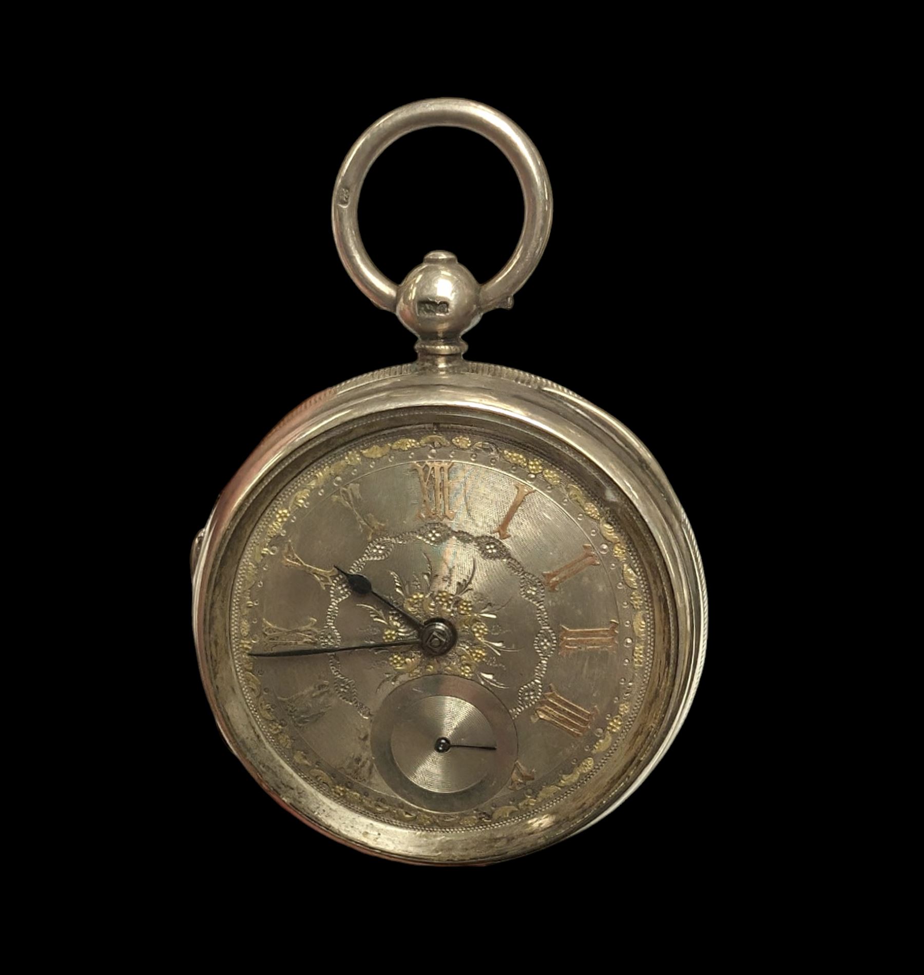 Victorian silver open face lever pocket watch, No. 51655, silvered dial with Roman numerals and subsidiary seconds dial, case by John Harris, London 1875