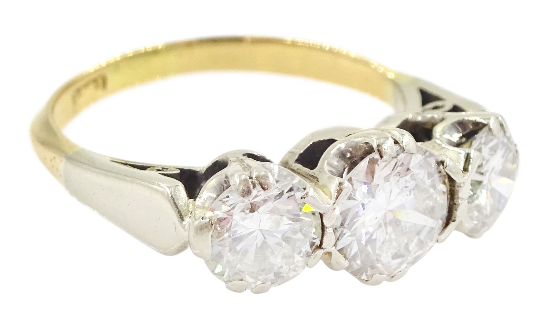 18ct gold three stone round brilliant cut diamond ring, stamped, total diamond weight approx 1.75 carat