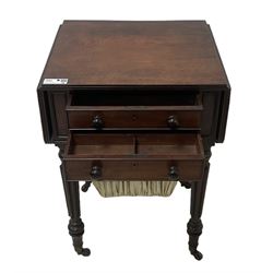 19th century mahogany drop-leaf work table, rectangular top with rounded corners, fitted with two cock-beaded drawers over pleated silk storage well, with matching opposing faux drawers, on turned and lobe moulded supports on castors