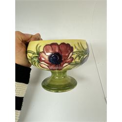 Moorcroft bowl in Clematis pattern, together with Moorcroft pedestal bowl in Anemone pattern both with makers mark below, pedestal dish H12cm 