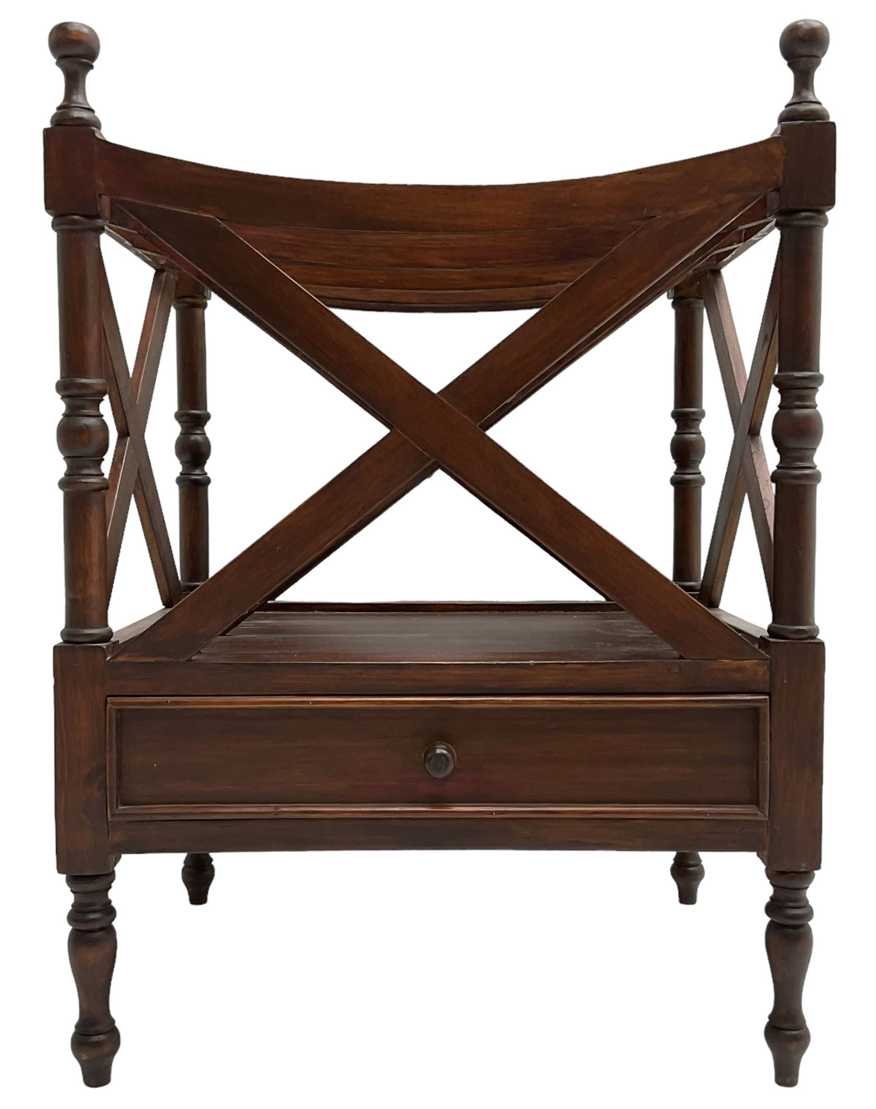 Victorian design mahogany Canterbury, four divisions with x-frame rails and turned upright supports, fitted with single drawer, on turned feet