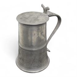 Large 18th century Scottish pewter lidded tankard, the flat cover engraved 'W. Kilbrid', with bifurcated thumbpiece over a tapering cylindrical body, H25cm 