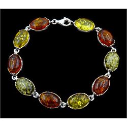 Silver tri-coloured oval amber link bracelet, stamped 925