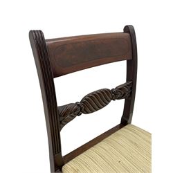 Georgian design set of six (6+2) mahogany dining chairs, the bar cresting rail inlaid with figured mahogany panel, shaped twist lobe carved middle rail with extending stylised leaf decoration, upholstered drop-in seat, on turned front supports 