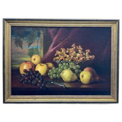 English School (early 20th century): Still Life of Fruit in Alpine Landscape and on Ledge, pair oils on canvas unsigned 40cm x 58cm (2)