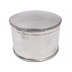 1920s silver box, of plain circular form with hinged lid, hallmarked Theodore Rossi, London 1929, H6.5cm, D9.7m