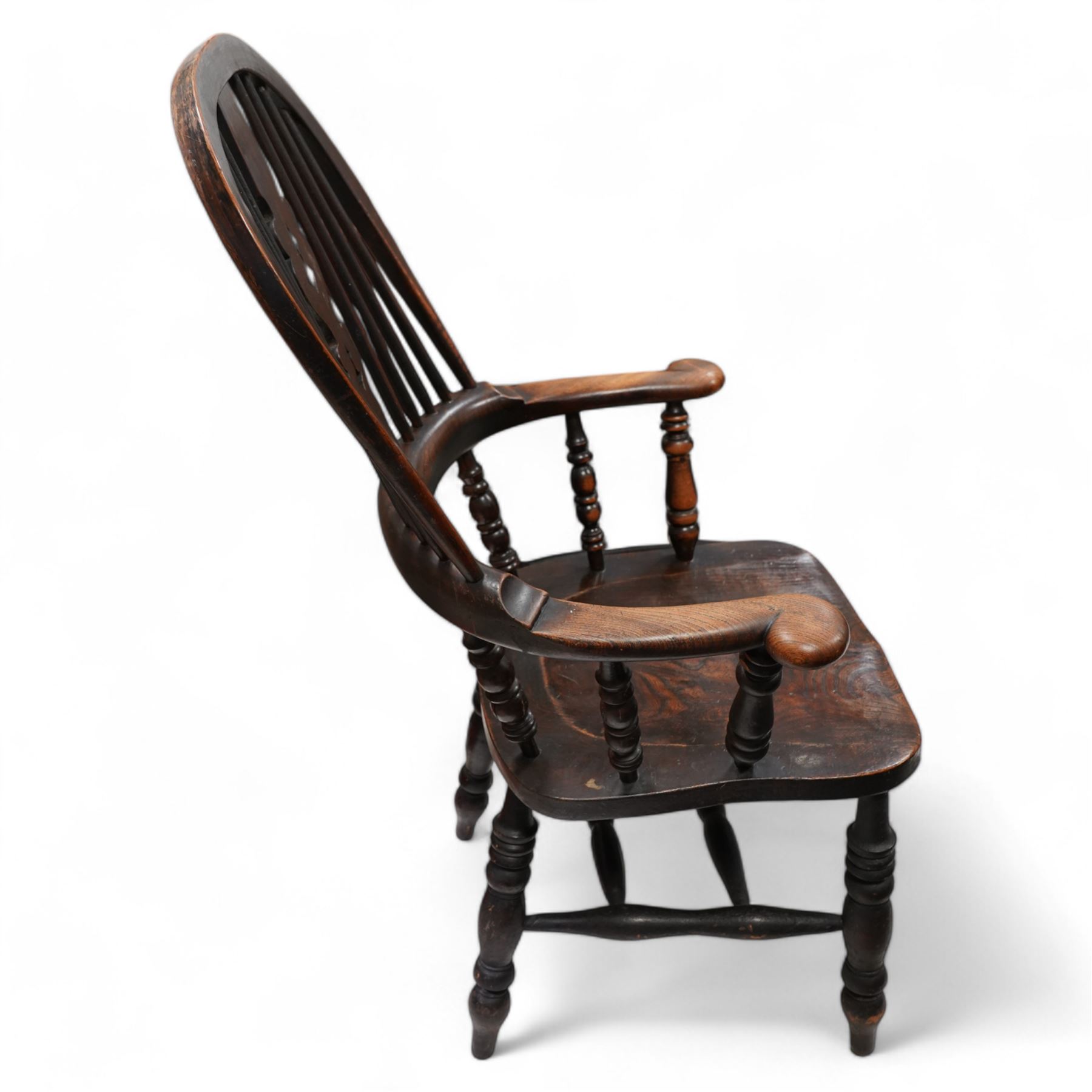 Victorian elm and beech Yorkshire Windsor armchair, double hoop and stick back with shaped and pierced splat, dished seat on turned supports united by double H-stretchers 