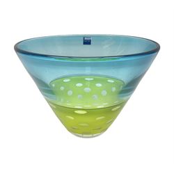 Stuart Akroyd glass vase, blue banded top and lime green opaque lower section with bubble inclusions, with sticker and engraved signature beneath, H15cm