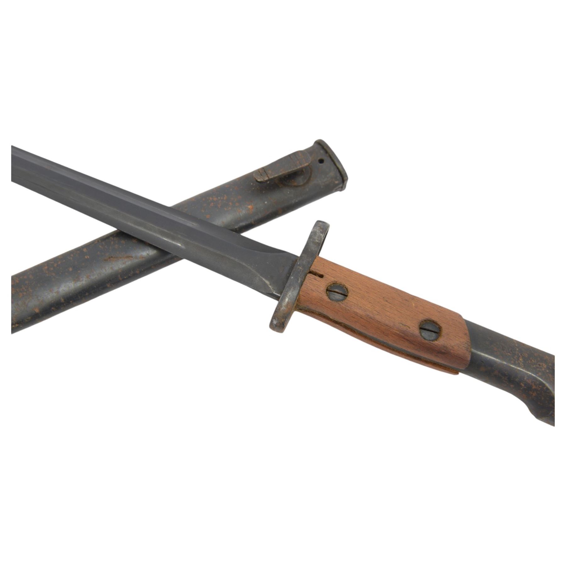 Finnish M1927 Mosin-Nagant sword bayonet by Fiskars, wooden grip marked 29952, within steel scabbard, together with Austrian M1895 Knife Bayonet