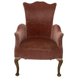 Early 20th century hardwood-framed armchair, high shaped back over shaped arms, upholstered in pink fabric, on cabriole front supports 