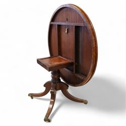 George III mahogany and rosewood banded breakfast or centre table, circular tilt-top with figured veneers and rosewood band, on turned column with four out-splayed supports, ornate cast brass castors 