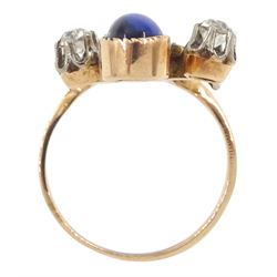 Russian early 20th century 14ct rose and white gold, oval cabochon cut synthetic sapphire and old cut diamond flower design ring, stamped 585 with Soviet star, total diamond weight approx 0.60 carat