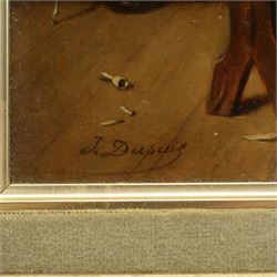 J Dupuis (French 19th Century): A Discussion Over Cards and Wine, oil on panel signed, indistinctly inscribed verso 19cm x 26cm 