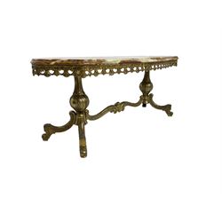 Mid-20th century Italian design Onyx and gilt serpentine coffee table, pierced gilt metal frieze with scrolling decoration, raised on twin end supports with globular turning and foliate decoration united by shaped scroll stretcher