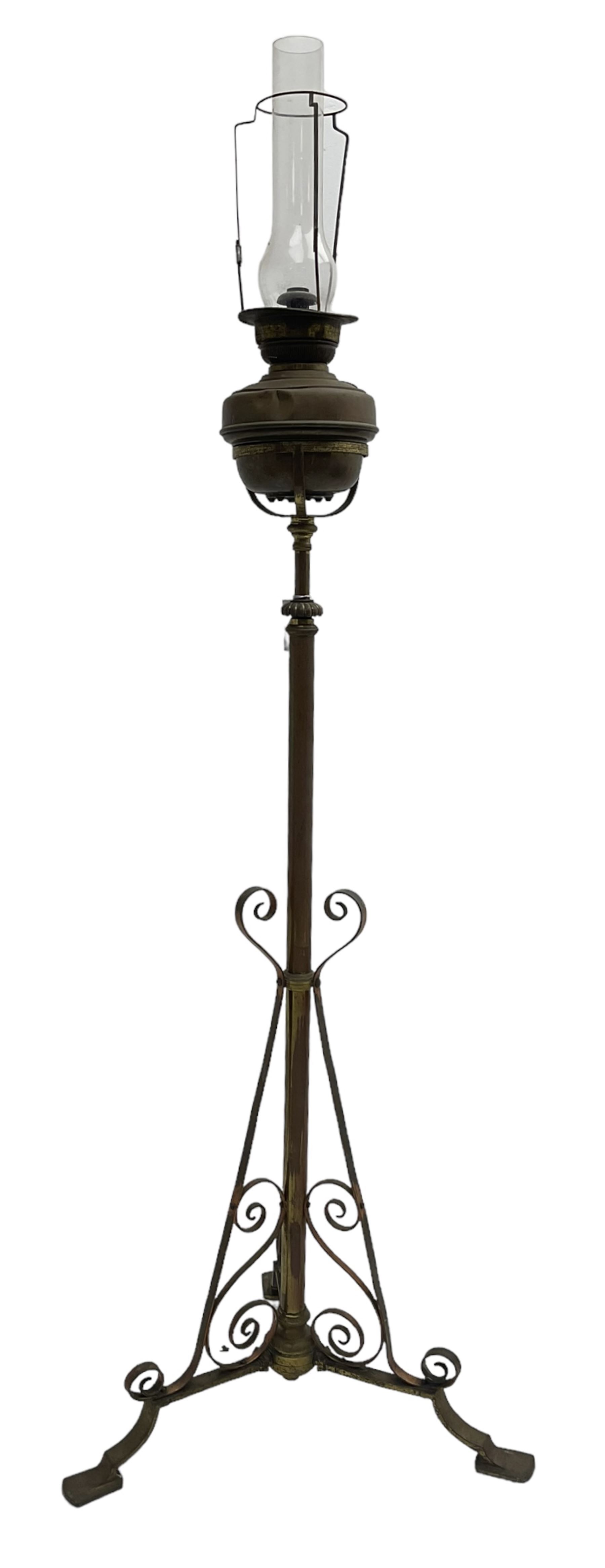 Victorian standard oil lamp, turned column with scrolled supports (H168cm); together with a small antique oil lamp (2)