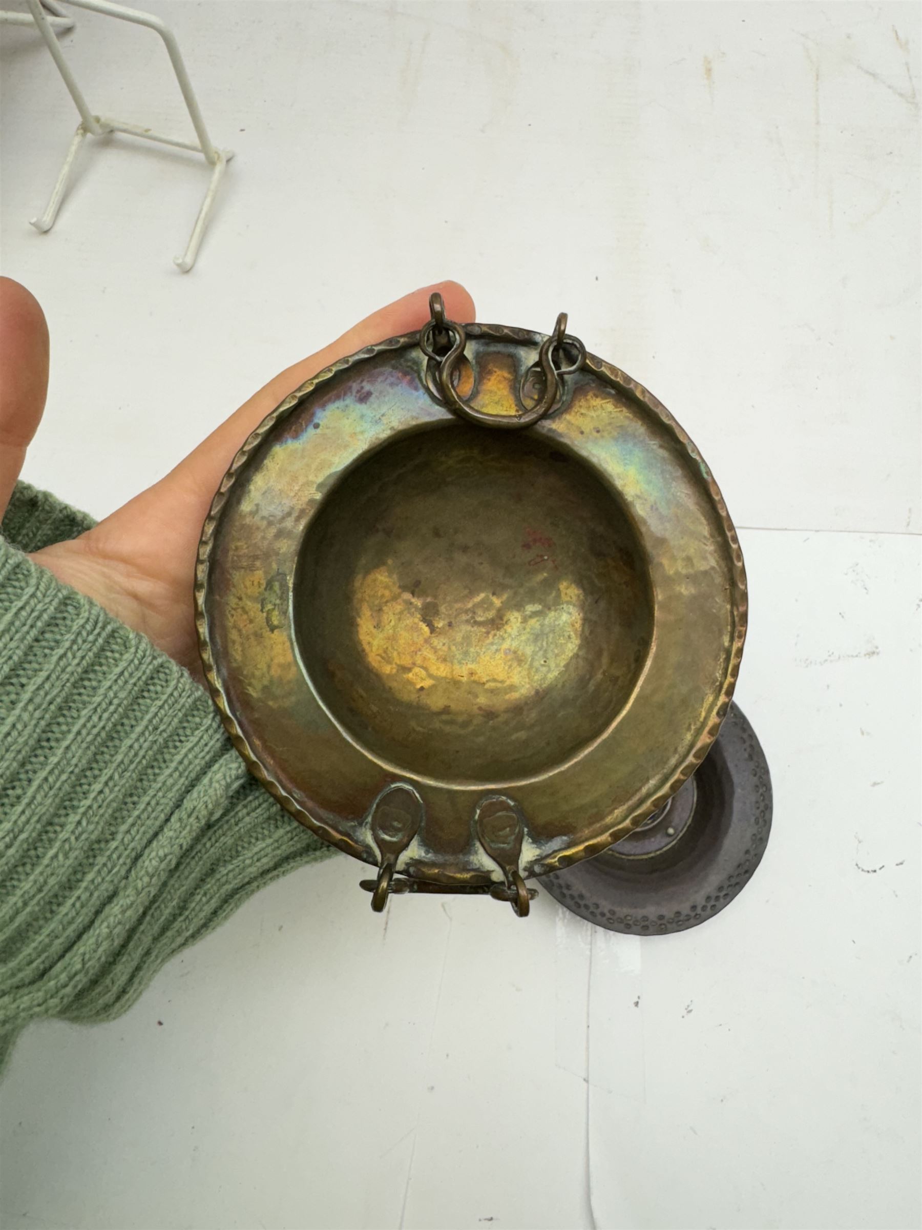 Art Nouveau silver mounted desk thermometer, embossed with floral sprigs, together with small dish with a enameled centre, and another hammered dish