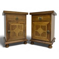 Contemporary pair of mango wood bedside cabinets, each with an inlaid geometric panel desi...