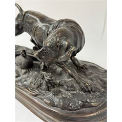 Bronzed figure after Paul-Edouard Delabrierre, modelled as a crouching Pointer with pheasant, inscribed E. Delabrierre to base, H16.5m