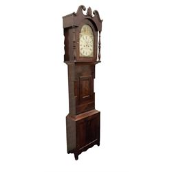 Joseph Richmond of York -  late19th century mahogany cased 30 hr longcase clock, with a swans neck pediment, break arch hood door flanked by ring turned pilasters, broad trunk with part-length recessed pillars and a short trunk door on a broad plinth with a recessed panel, fully painted dial with depictions of country cottages to the spandrels and break arch, with Roman numerals and minute track, stamped brass hands, dummy winding arbors and dummy seconds hand, dial pinned directly to a chain driven count wheel striking movement, striking the hours on a bell. With pendulum and weight.
Joseph Richmond of Fossgate was a respected clockmaker in 19th century York, maintaining the clocks in York Minster and other civic buildings in York.