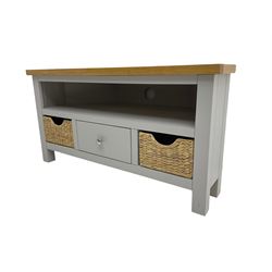 Roseland Farrow - oak and grey finish corner television stand, central drawer and two basket drawers (W100cm, H52cm, D45cm); and a matching nest of tables (51cm x40cm, H41cm)