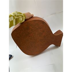 Studio pottery terracotta paella dish, modelled as a fish and finished in blue, green and brown glaze,  by Mary Hick Ceramics, Edinburgh, W44cm