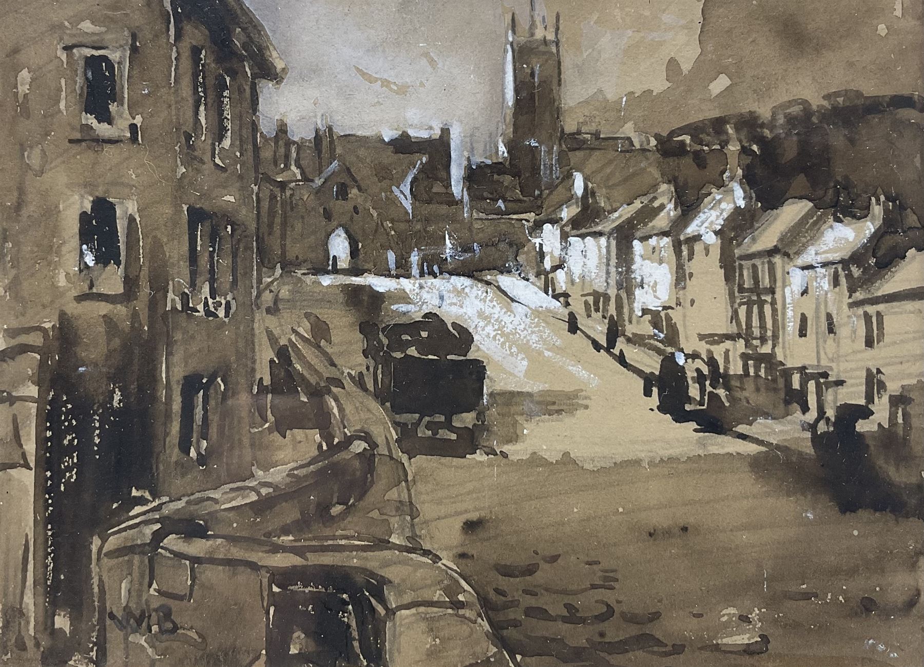 William Roger Benner (British 1884-1964): Nottingham Street Scene, monochrome watercolour signed with initials 11cm x 15cm