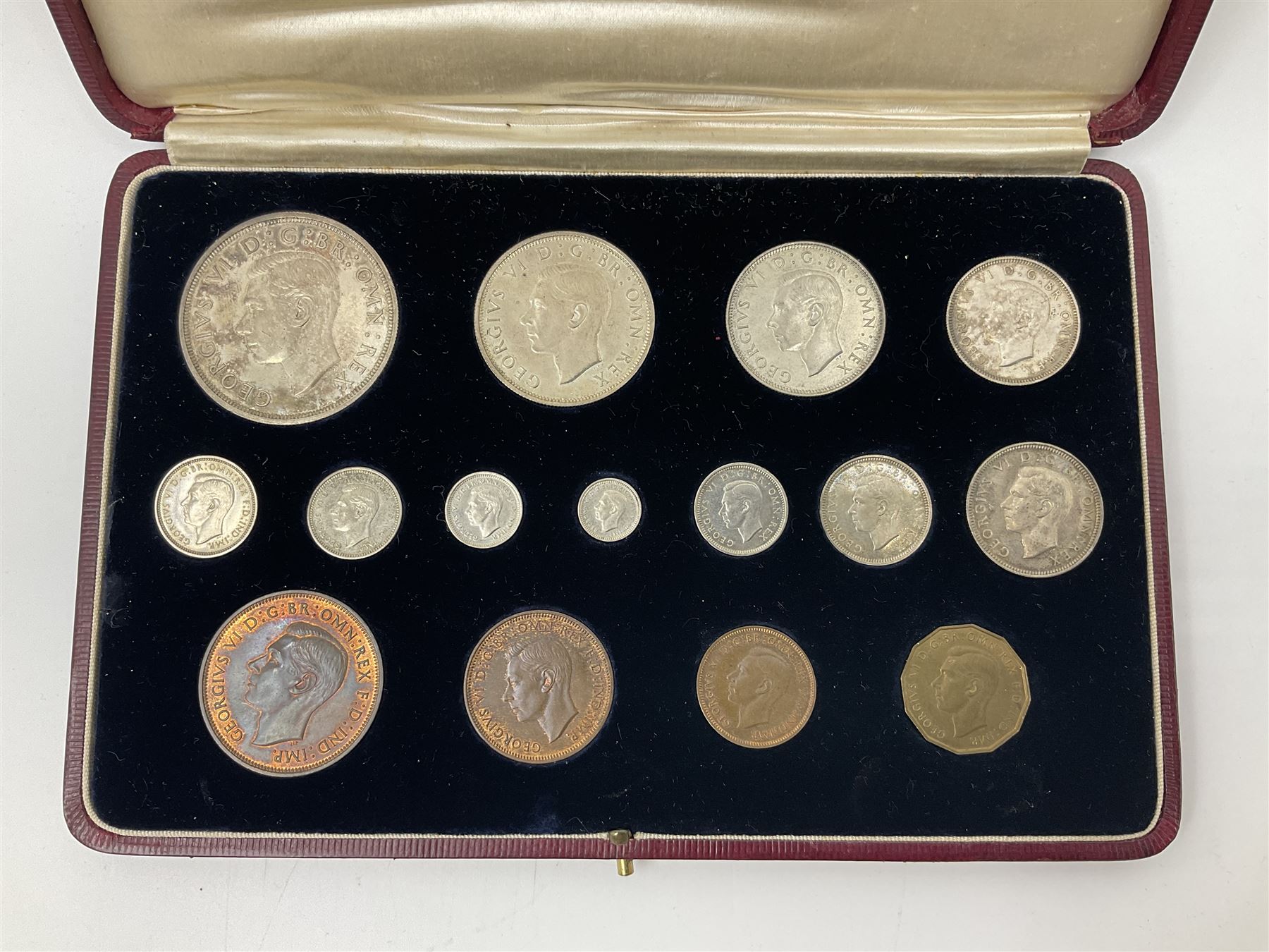 King George VI 1937 specimen coin set, fifteen coins from farthing to crown including Maundy money, in the original case