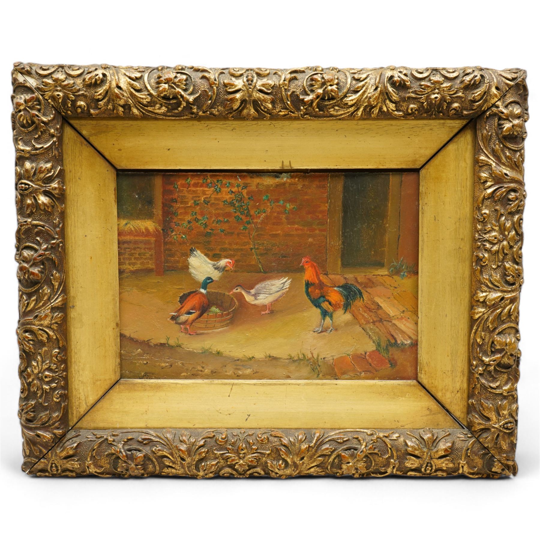 English Naive School (Early 20th century): Chickens and Fowl in the Farmyard, oil on canvas signed 'W Hunt' 21cm x 29cm