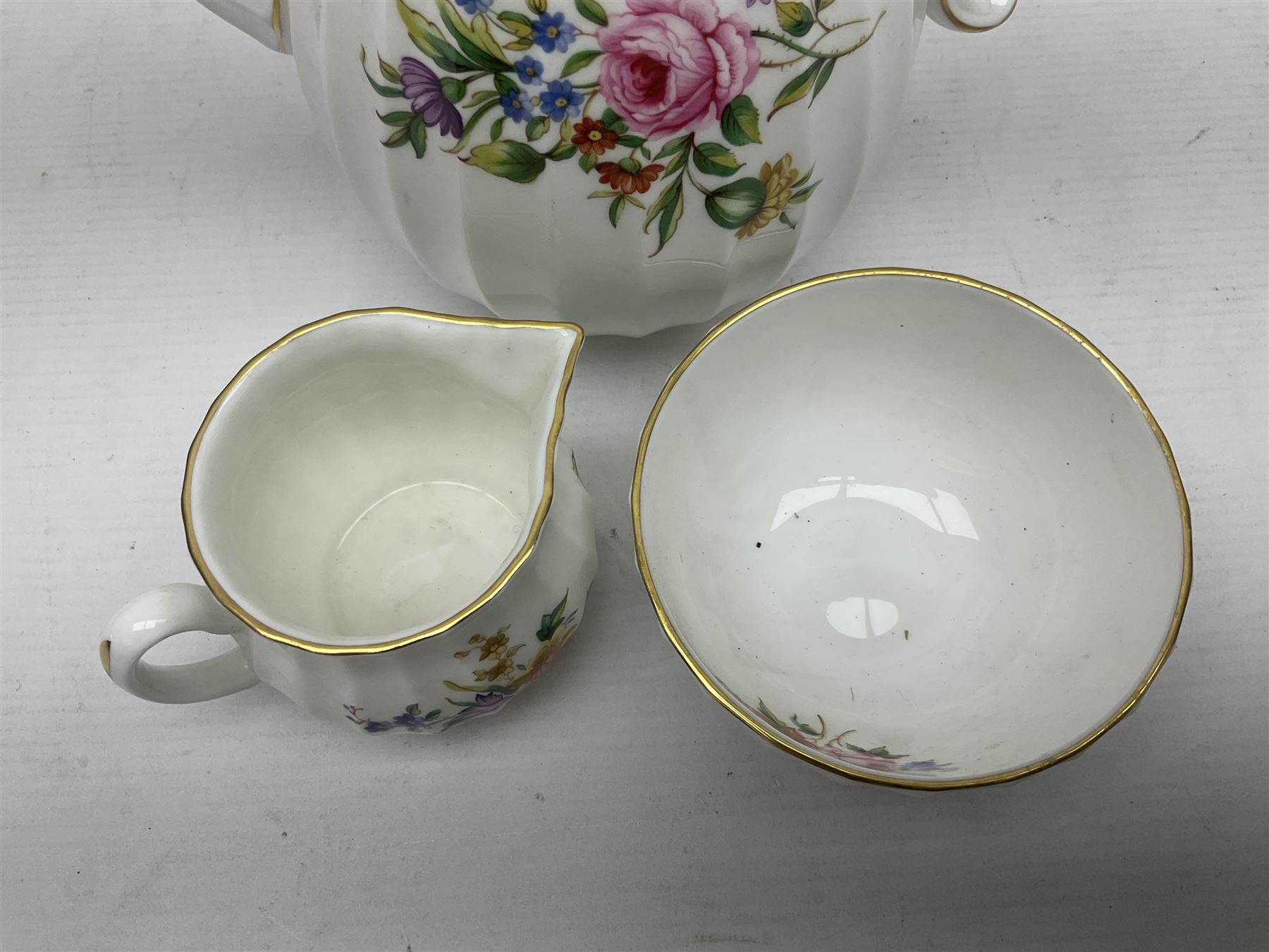 Royal Worcester Roanoke pattern coffee service, including coffee pot, coffee cans and saucers, milk and sugar bowl, together with Coalport Junetime pattern teacups and saucers