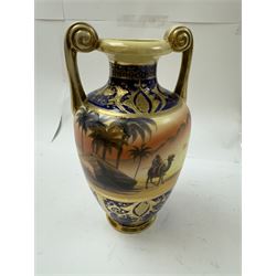 Pair of Noritake twin handled vases, decorated with camel scene, H24cm 