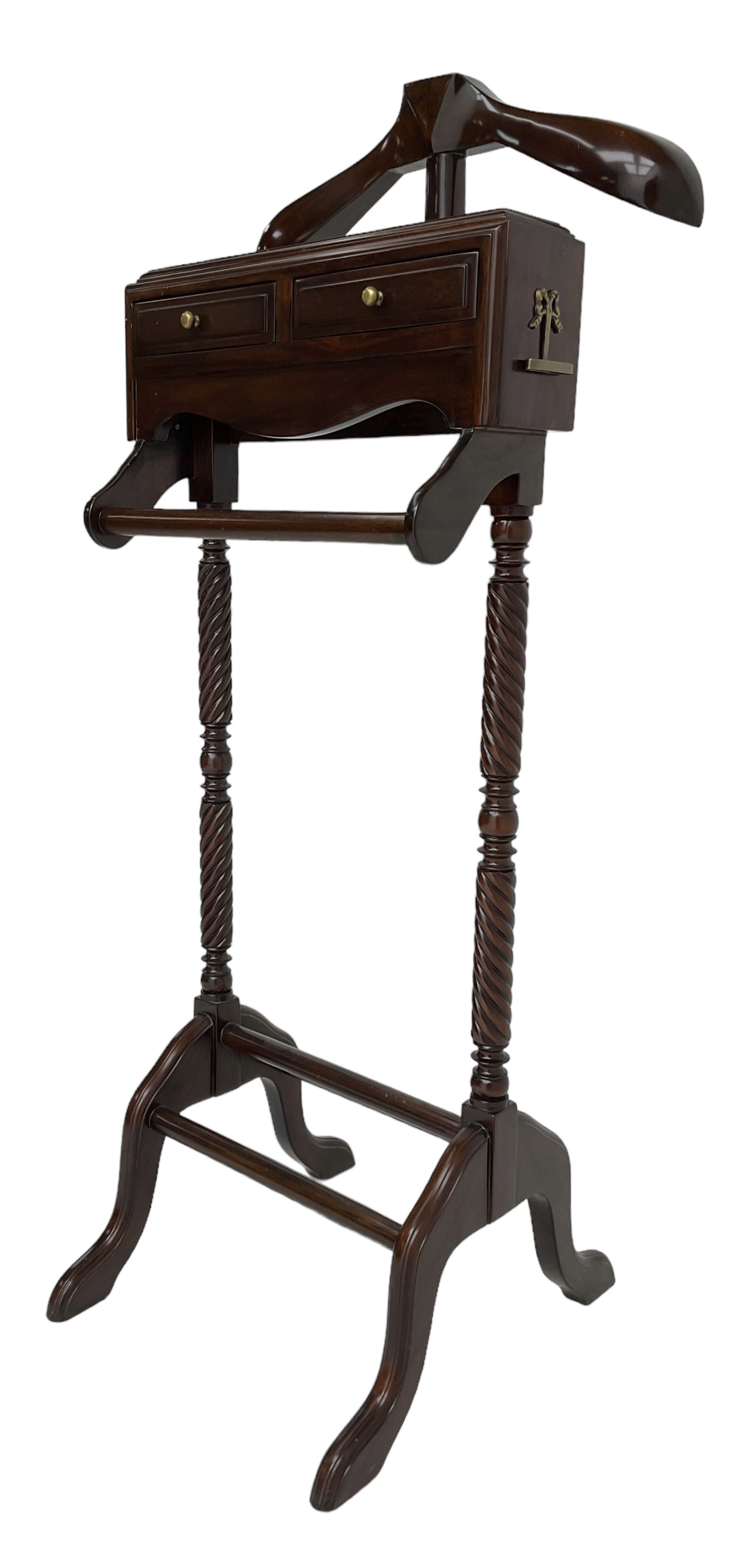 Regency design mahogany dumb-valet, fitted with jacket hanger, over two drawers and rail, twist-turned upright supports, on splayed feet united by shoe rests