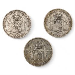 Three Spanish five pesetas silver coins, dated 1871, 1876 and 1888