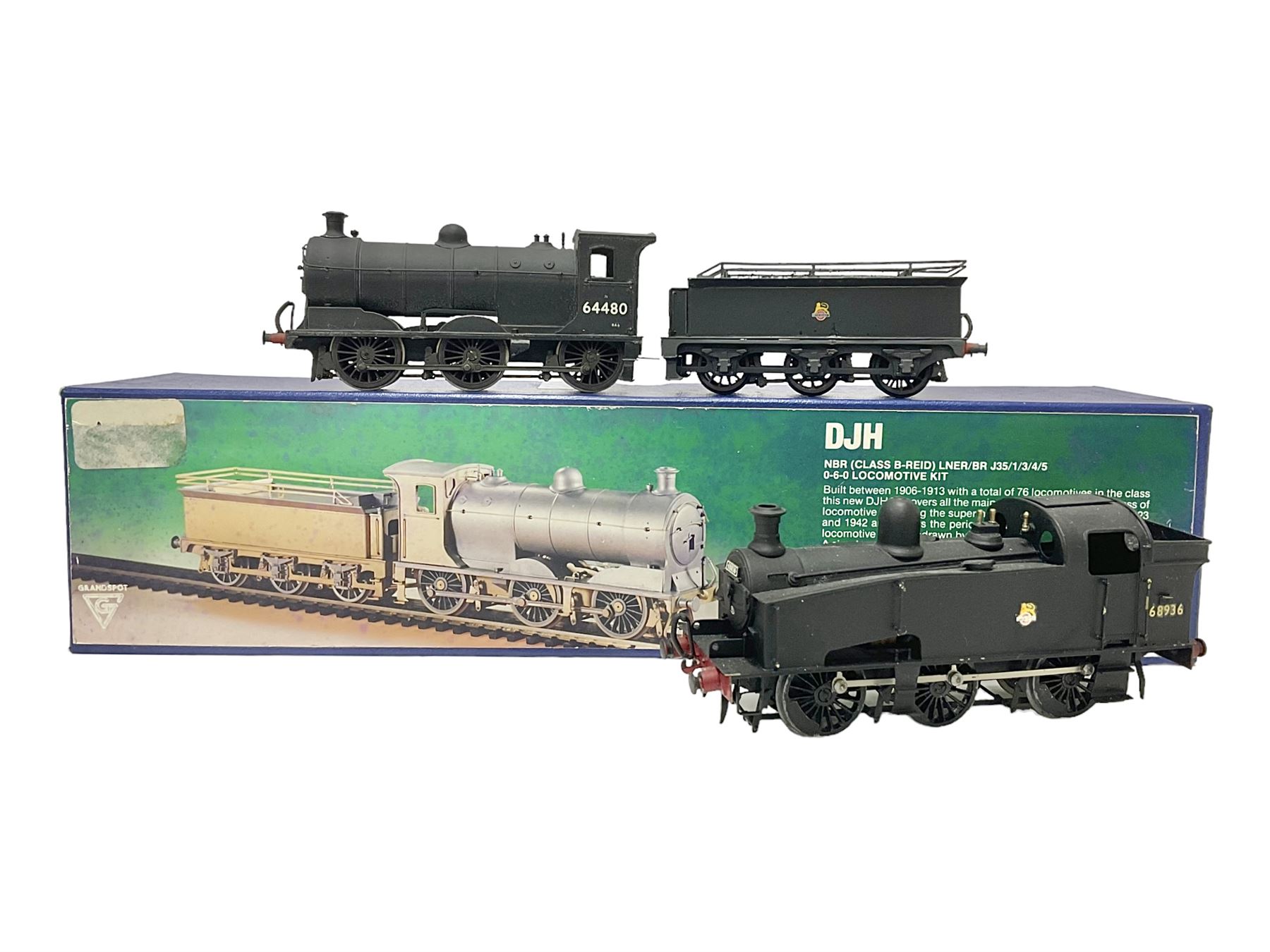 ‘00’ gauge - kit built NBR (Class B-Reid) LNER/BR J35/1/2/4/5 0-6-0 steam locomotive and tender no.64480, finished in BR black with DJH Models box; with further kit built Class J50 0-6-0T locomotive no.68936, finished in BR black (2)